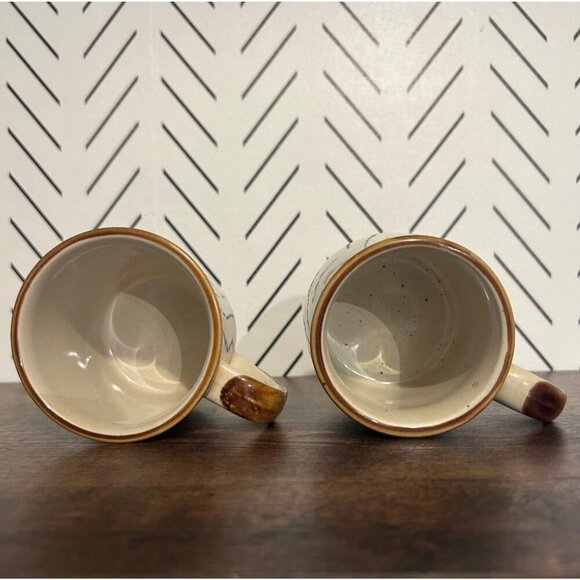 Vintage 2 NORLEANS Stoneware Speckled Mugs Hand Painted Yellow Flower Lemon 70's - Picture 2 of 8